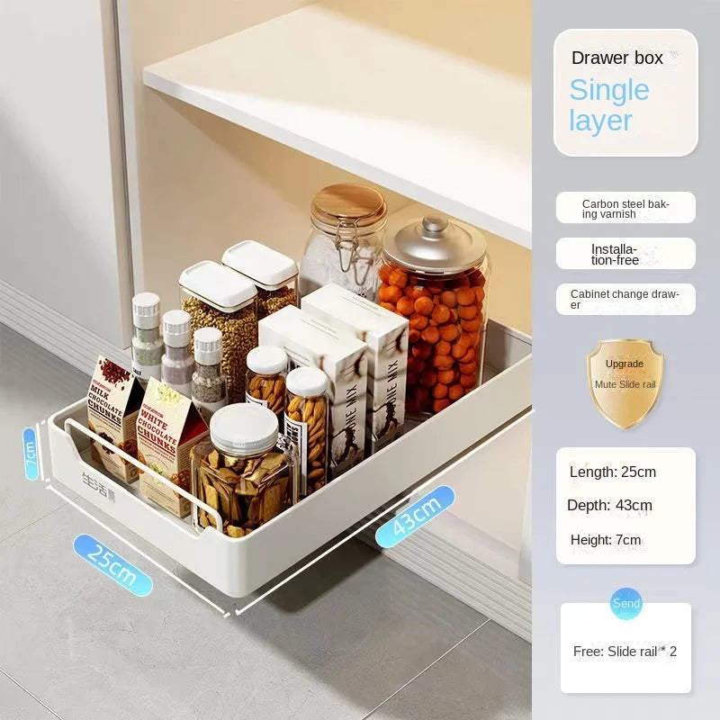 New Kitchen Storage Rack with Slide Rails Pull-out Kitchen Drawer Type Storage Tray Spice Box Storage Shelf Cabinets Organizer