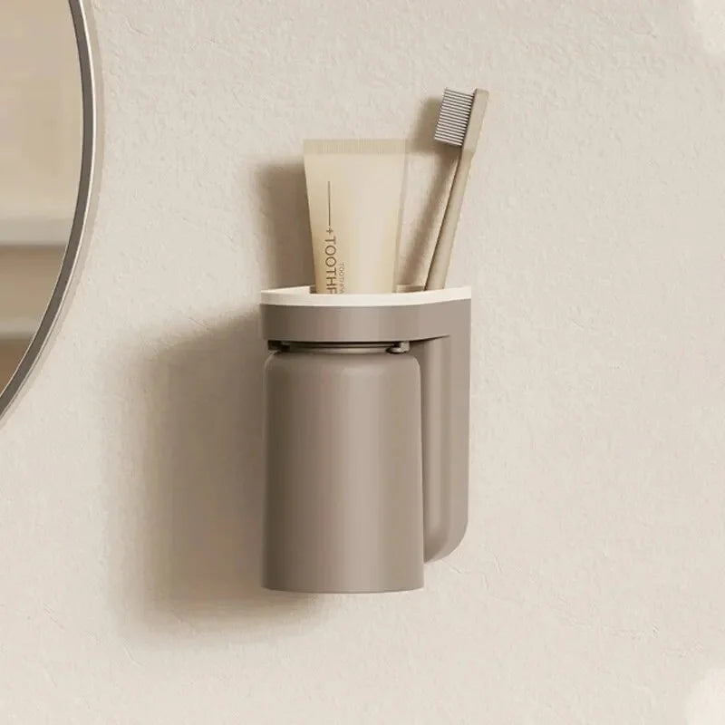 Innovative No Drill Wall Mounted Light Luxury Mouthwash Toothbrush Cup Storage Rack Couple Bathroom Organizer