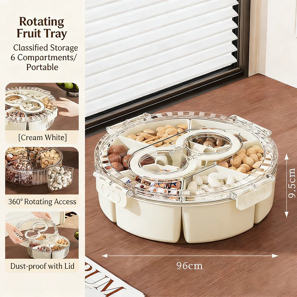 Divided Rotating Serving Tray with Lid and Handle, Portable Snackle Box for Fruits Snacks Veggie Charcuterie, Clear Snack Spinne
