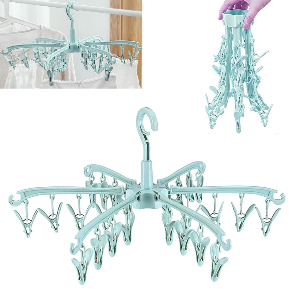 24 Clips Folding Clothes Dryer Rotatable Hanger Windproof Socks Underwear Drying Rack Home Storage Laundry Rack New Dropshipping