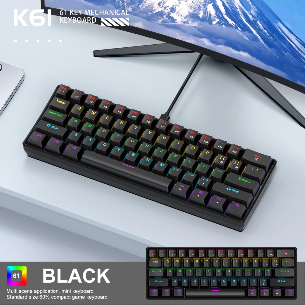APAYADO K61 Wired Mechanical Keyboard, 61 Keys, USB-C Connection, Blue or Red Switch Options, RGB Lighting for Desktop PCs