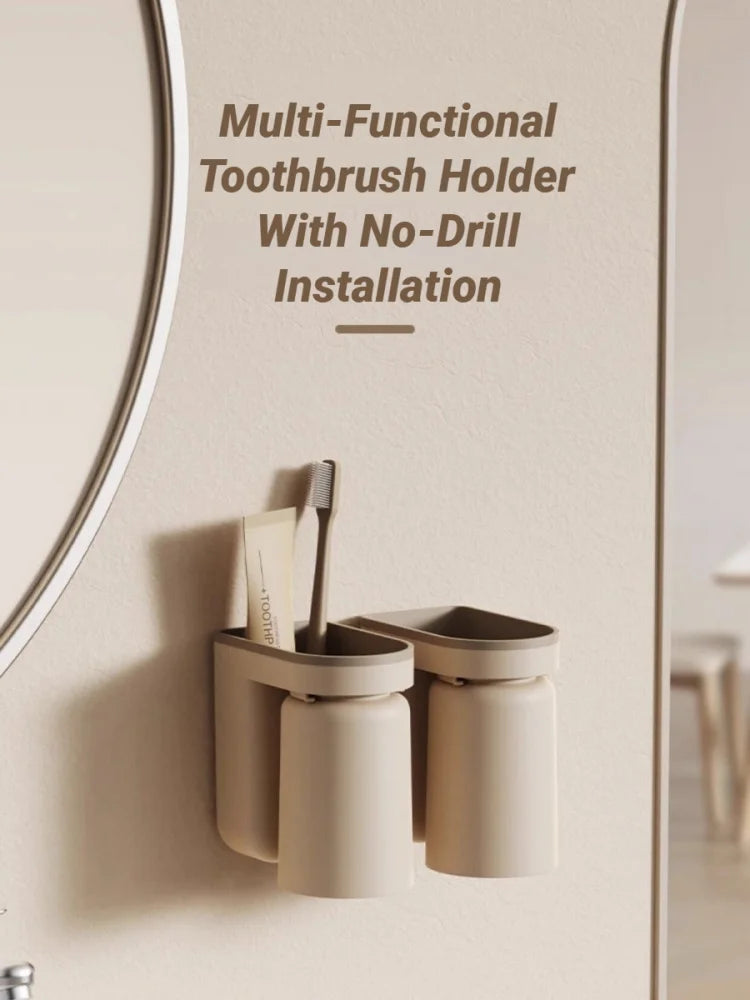 Innovative No Drill Wall Mounted Light Luxury Mouthwash Toothbrush Cup Storage Rack Couple Bathroom Organizer