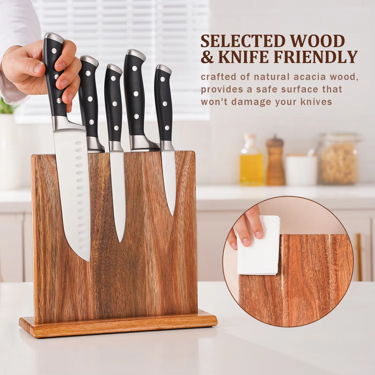 Acacia Wood Home Kitchen Magnetic Knife Block Holder Rack Magnetic Stands with Strong Enhanced Magnets