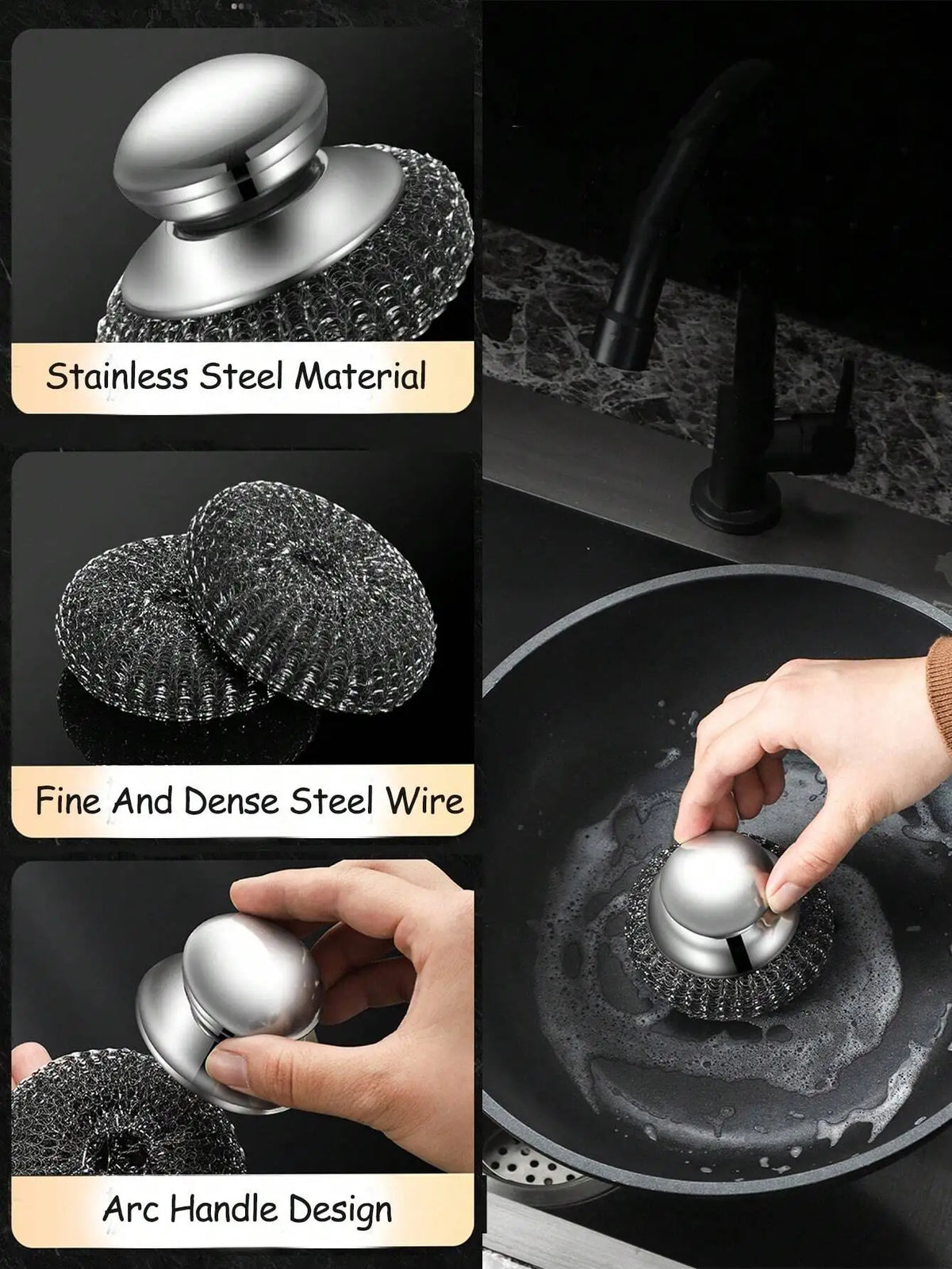 1/2 Pcs Stainless Steel Pot Brush With Handle, Heavy Duty Dish Scrubber Scouring Pad, Steel Wool Cleaning Brush, Suitable For Pots, Pans, Grill, Sink