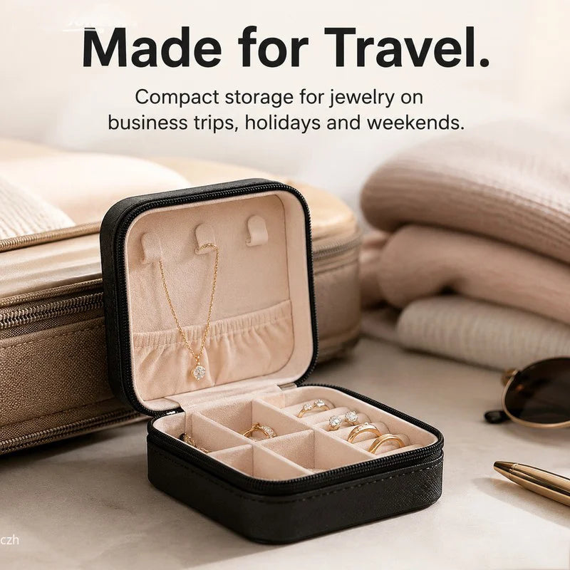 Portable Travel Jewelry Case, Mini Zipper Jewelry Storage Box, PU Leather Small Organizer for Rings Earrings Necklaces, Com