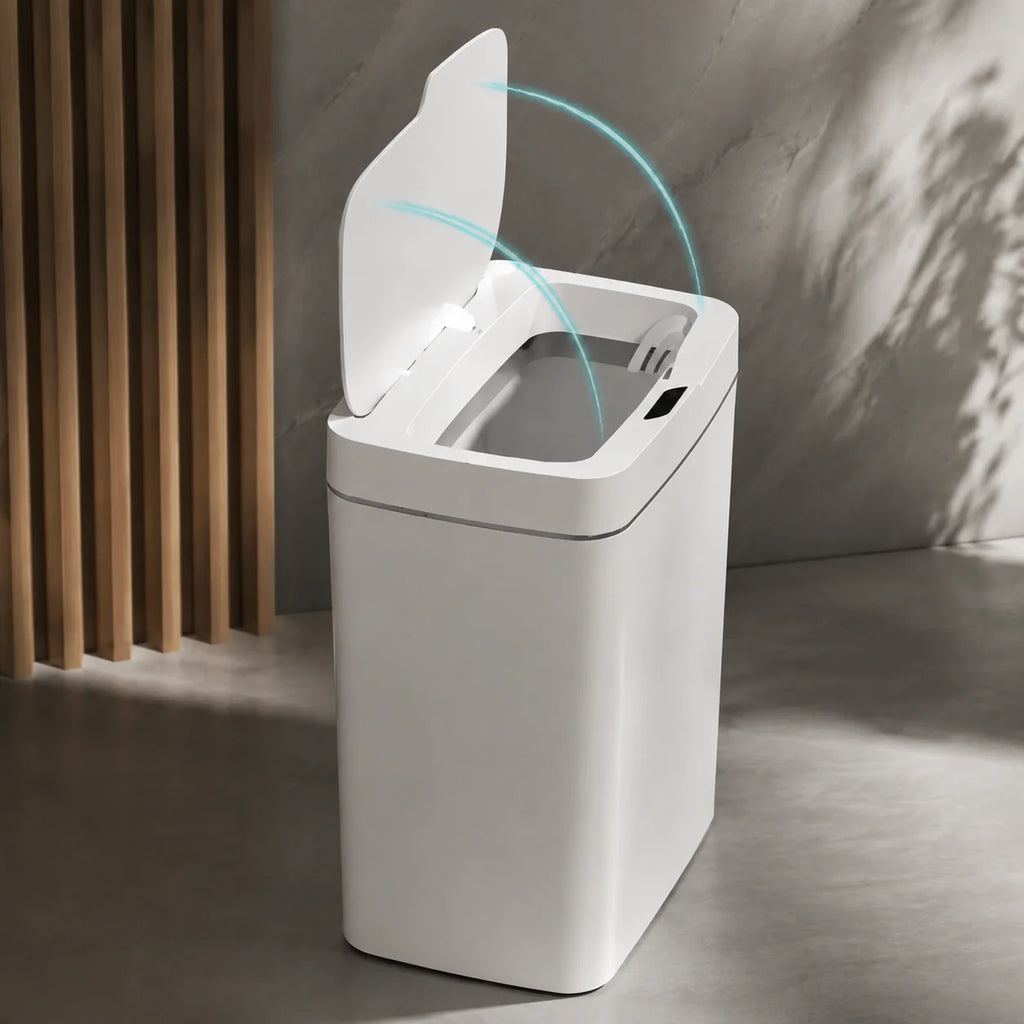 HTMCK White Touchless 15L Smart Sensor Trash Can – Electronic Bathroom Garbage Bin with Automatic Bagging, Smart Home Compatible