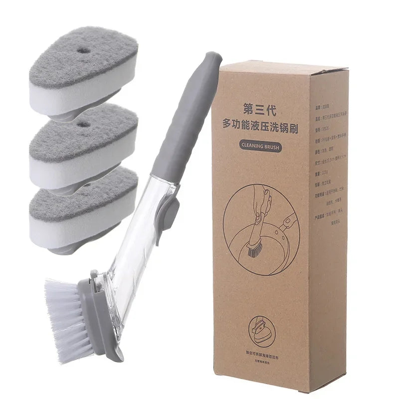 2-in-1 Kitchen Cleaning Brush with Long Handle Removable Sponge Dispenser Dishwashing Tool for Efficient Kitchen Hygiene