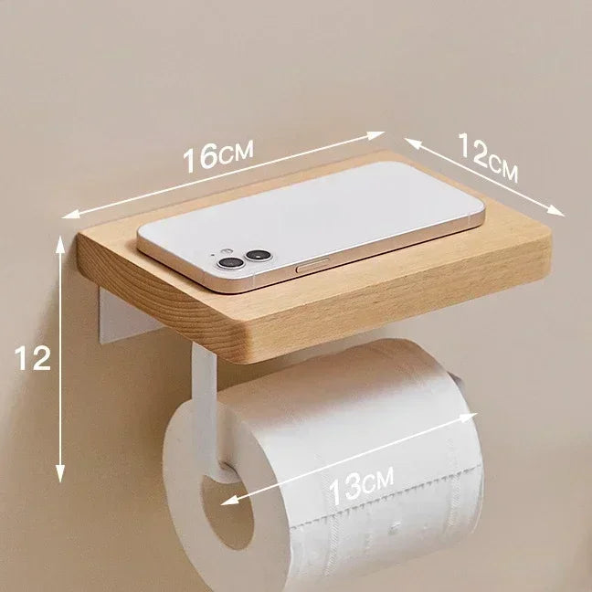 Wooden Toilet Paper Holder Bathroom Wall Mount WC Paper Phone Holder Shelf Storage Towel Roll Shelf Accessories
