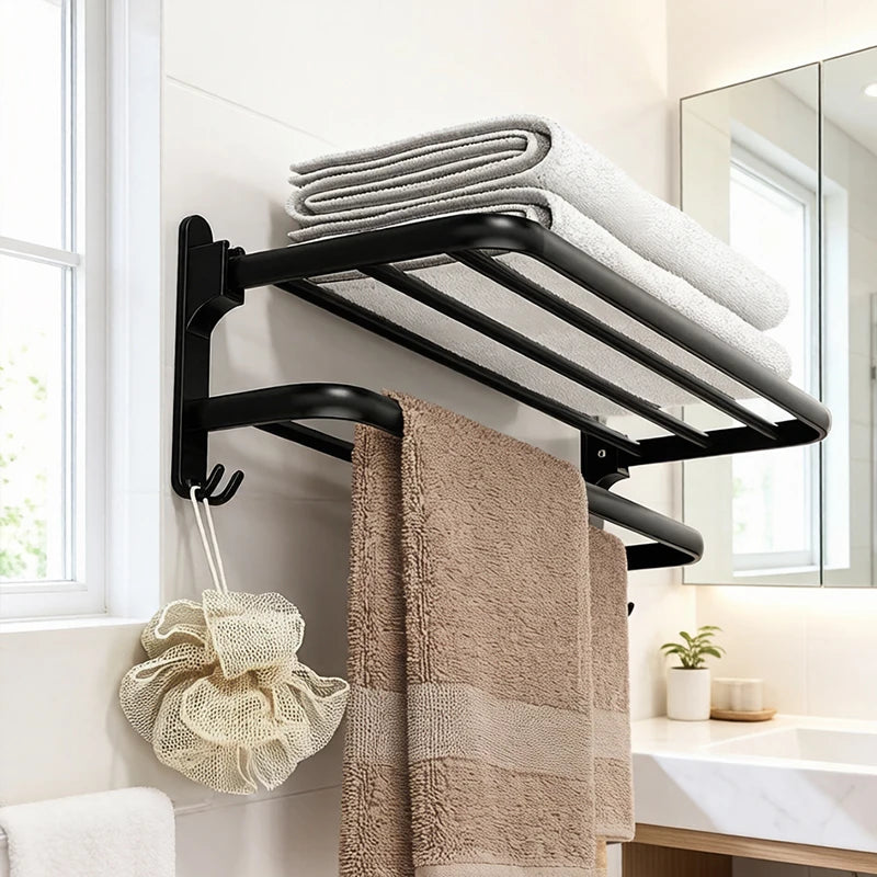Homefish Foldable Towel Rack with Hooks Wall Mount Towel Rack Towel Storage Wall Mount for Bathroom Lavatory for Home