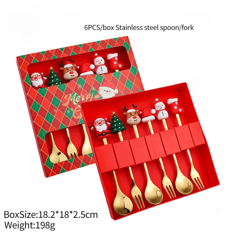 2/4/6Pcs Christmas Fork And Spoon Set,Stainless Steel Creative Tableware,Coffee Tea Dessert Forks And Spoons Gift Set