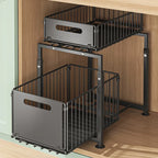 Under Sink Pull Out Storage Basket Double Layer Organizer, Multi-Tier Kitchen Cabinet Shelf for Spice, Snack & Can Storage