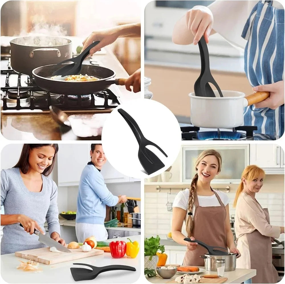2 In 1 Flip Spatula Tongs Nylon Non Stick Kitchen Gadget Multifunctional EggPancake Fish Omelet French Toast Cooking Making Too