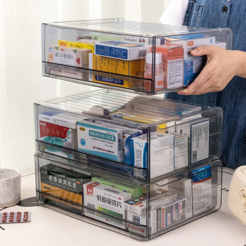 1pc Gray Drawer Acrylic Medicine Storage Box, Large Capacity Stackable Medicine Sorting Box, Pull-Out Medicine Box