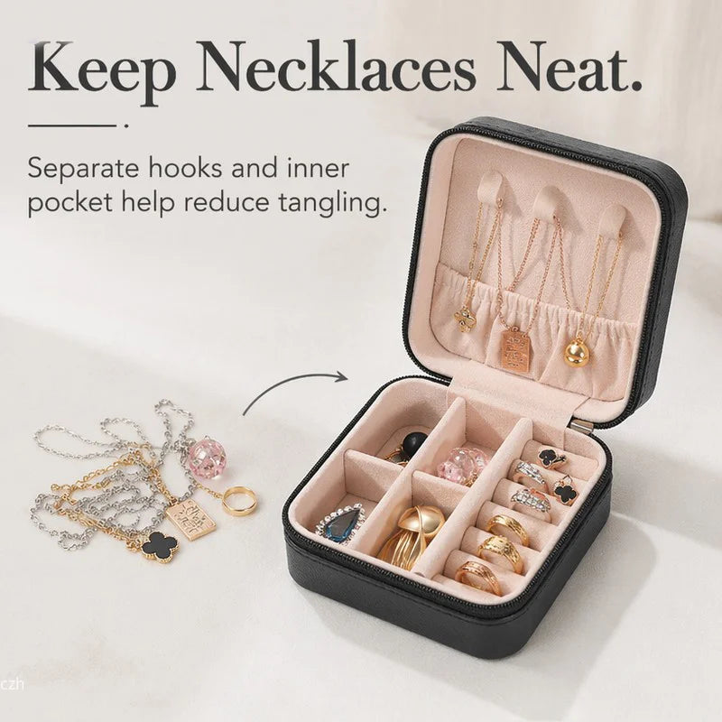Portable Travel Jewelry Case, Mini Zipper Jewelry Storage Box, PU Leather Small Organizer for Rings Earrings Necklaces, Com