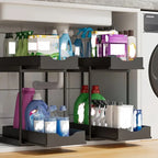 Double-Layer Pull-Out Kitchen Storage Rack, Non-Slip and Stable, Multifunctional Storage Box with Five Hooks, Under-Sink Brush Holder, Double-Layer Drawer Storage Rack, Suitable for Kitchen and Bathroom Countertop Sink Storag
