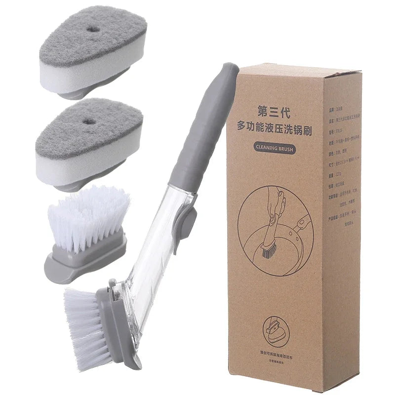 2-in-1 Kitchen Cleaning Brush with Long Handle Removable Sponge Dispenser Dishwashing Tool for Efficient Kitchen Hygiene