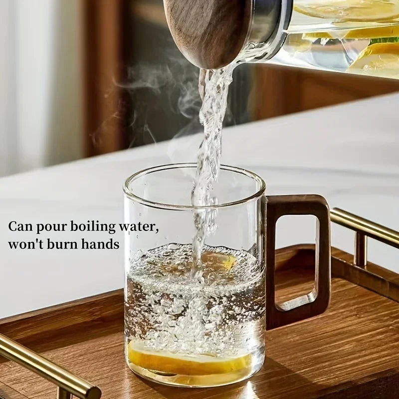 400ml Walnut Handle Glass Cup Heat-resistant Cup for Home Use Tea Making Cup Office Drinking Cup