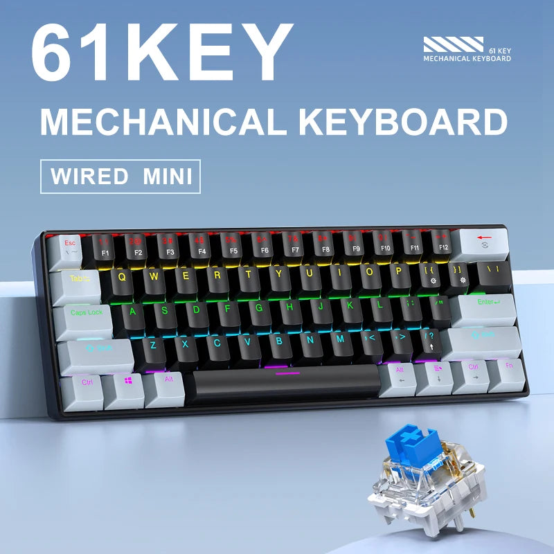 APAYADO K61 Wired Mechanical Keyboard, 61 Keys, USB-C Connection, Blue or Red Switch Options, RGB Lighting for Desktop PCs