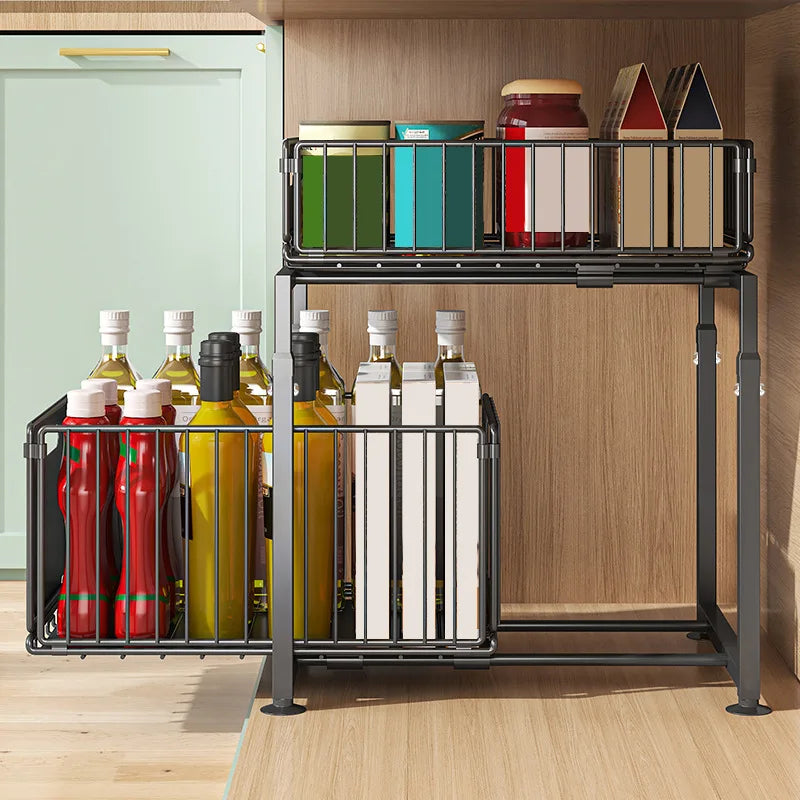 Under Sink Pull Out Storage Basket Double Layer Organizer, Multi-Tier Kitchen Cabinet Shelf for Spice, Snack & Can Storage