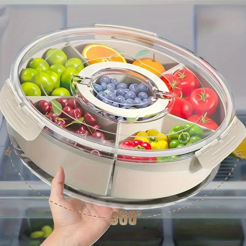 Divided Rotating Serving Tray with Lid and Handle, Portable Snackle Box for Fruits Snacks Veggie Charcuterie, Clear Snack Spinne