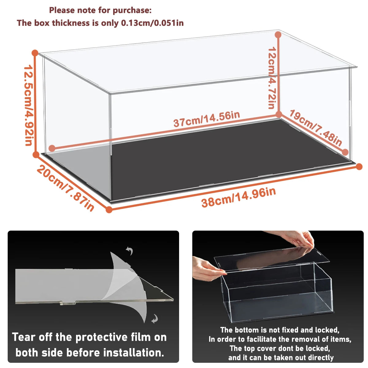 1:14 Scale Transparent Acrylic Display Box, Suitable for Protecting and Displaying Toy Cars, Model Building Blocks, Small Collectibles and Figurines (Inner Ring Size 37X19X12Cm)