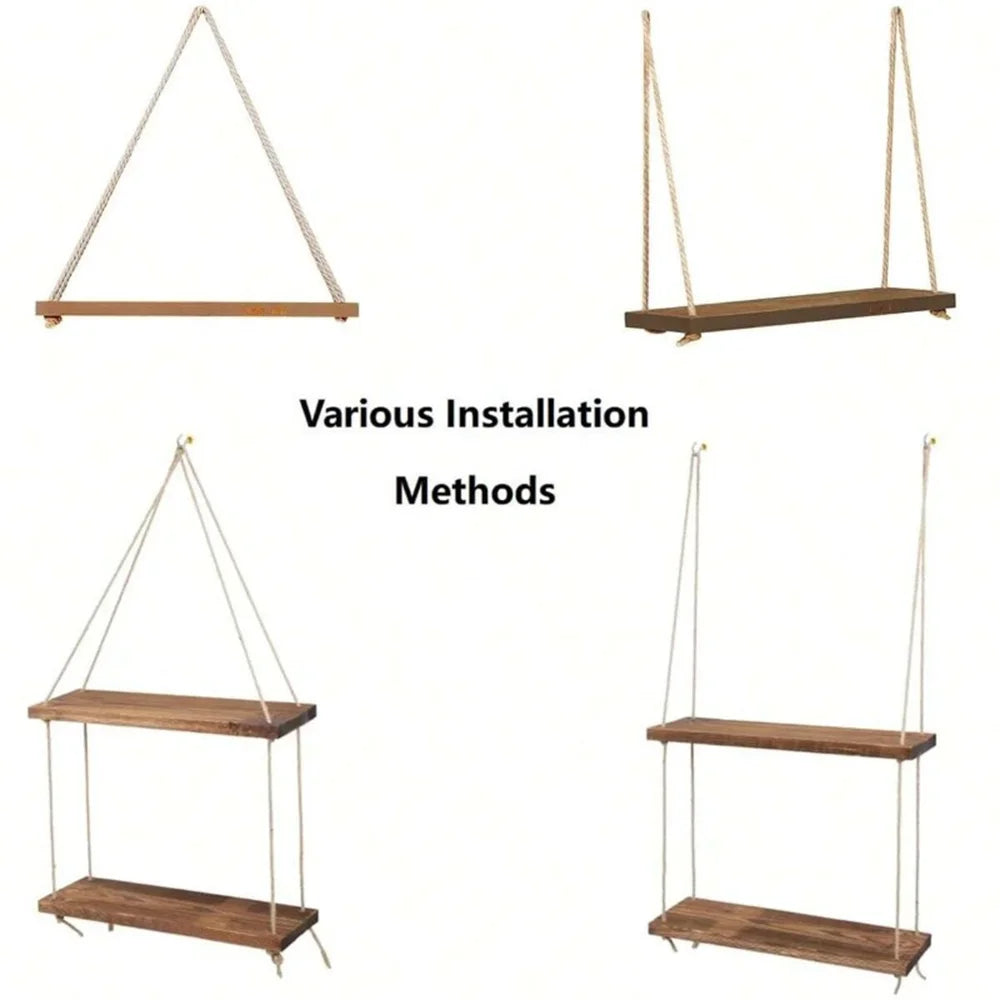 1Set Wood Hanging Shelves Swing Hanging Hemp Rope Wall Shelve Mounted Floating Home Living Room Plant Flower Pot Tray Storage