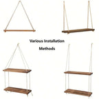 1Set Wood Hanging Shelves Swing Hanging Hemp Rope Wall Shelve Mounted Floating Home Living Room Plant Flower Pot Tray Storage