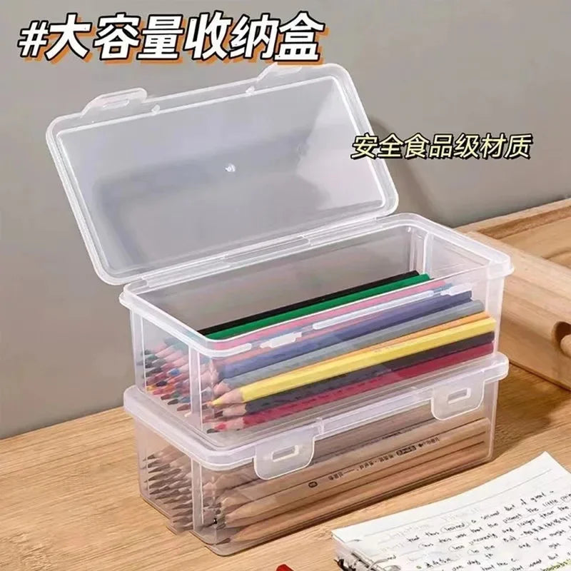 Large Capacity Transparent Pencil Box Plastic Stationery Case Crayon Pen Box Sketch Pencil Case Stacking Office Supplies Box New