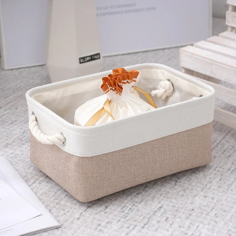 Folding Linen Fabric Storage Basket Multi-functional Sundries Storage Bag with Handle Organizer Box for Underwear Sock Baby Toys