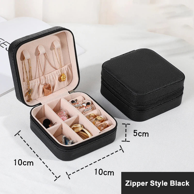 Portable Travel Jewelry Case, Mini Zipper Jewelry Storage Box, PU Leather Small Organizer for Rings Earrings Necklaces, Com