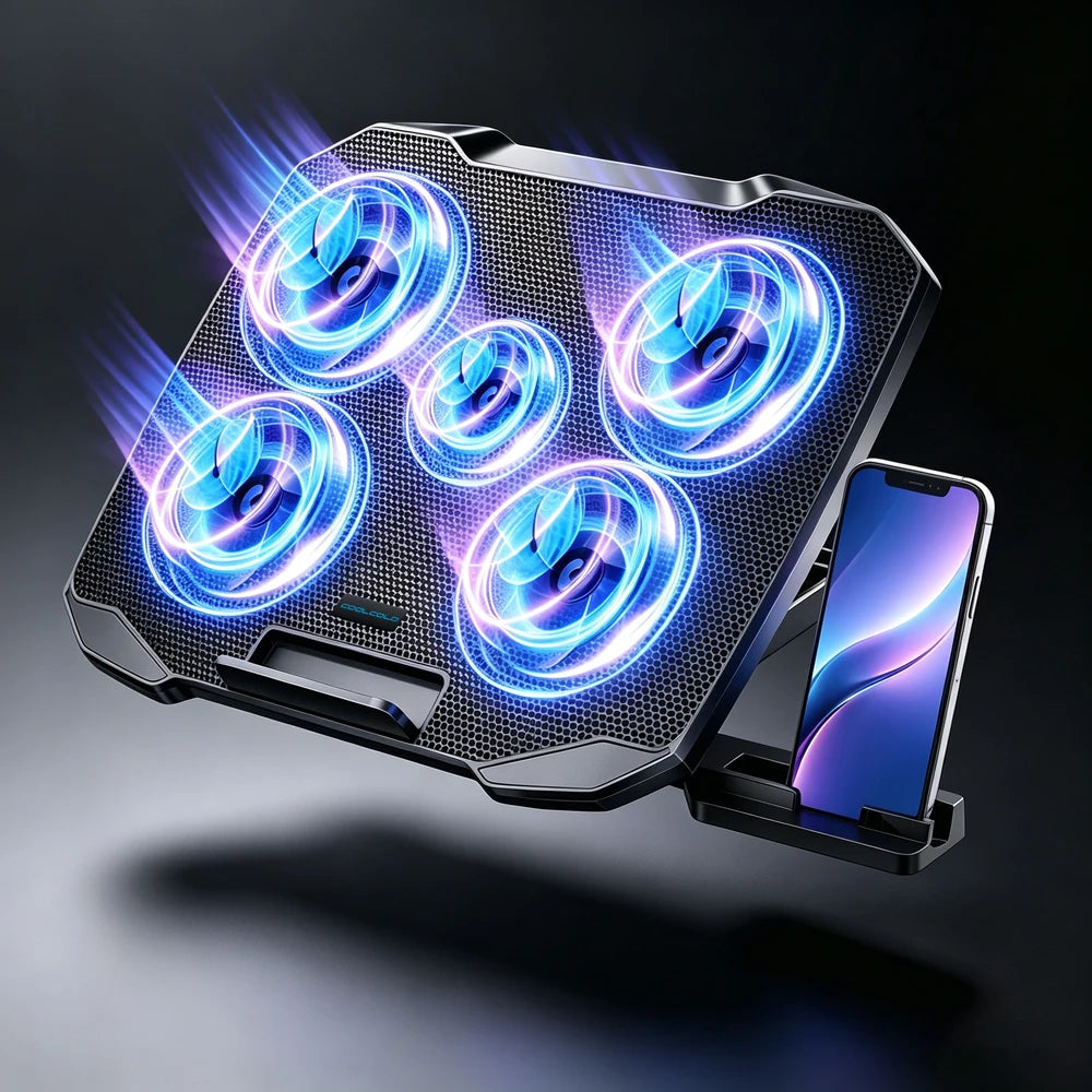 COOLCOLD Laptop Cooling Pad for 12-17 Inch Laptop Cooler Stand, 5 Quiet Fans, 5 Angle Adjustable with Phone Holder