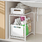 Under Sink Pull Out Storage Basket Double Layer Organizer, Multi-Tier Kitchen Cabinet Shelf for Spice, Snack & Can Storage