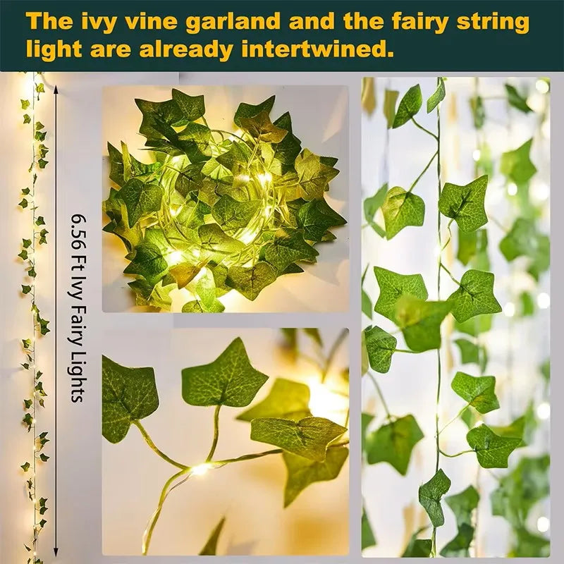 2M Green Leaf String Lights Artificial Ivy Vine Fairy Light Wedding Party Decoration Christmas Home Room Decor Wall Plant Wreath